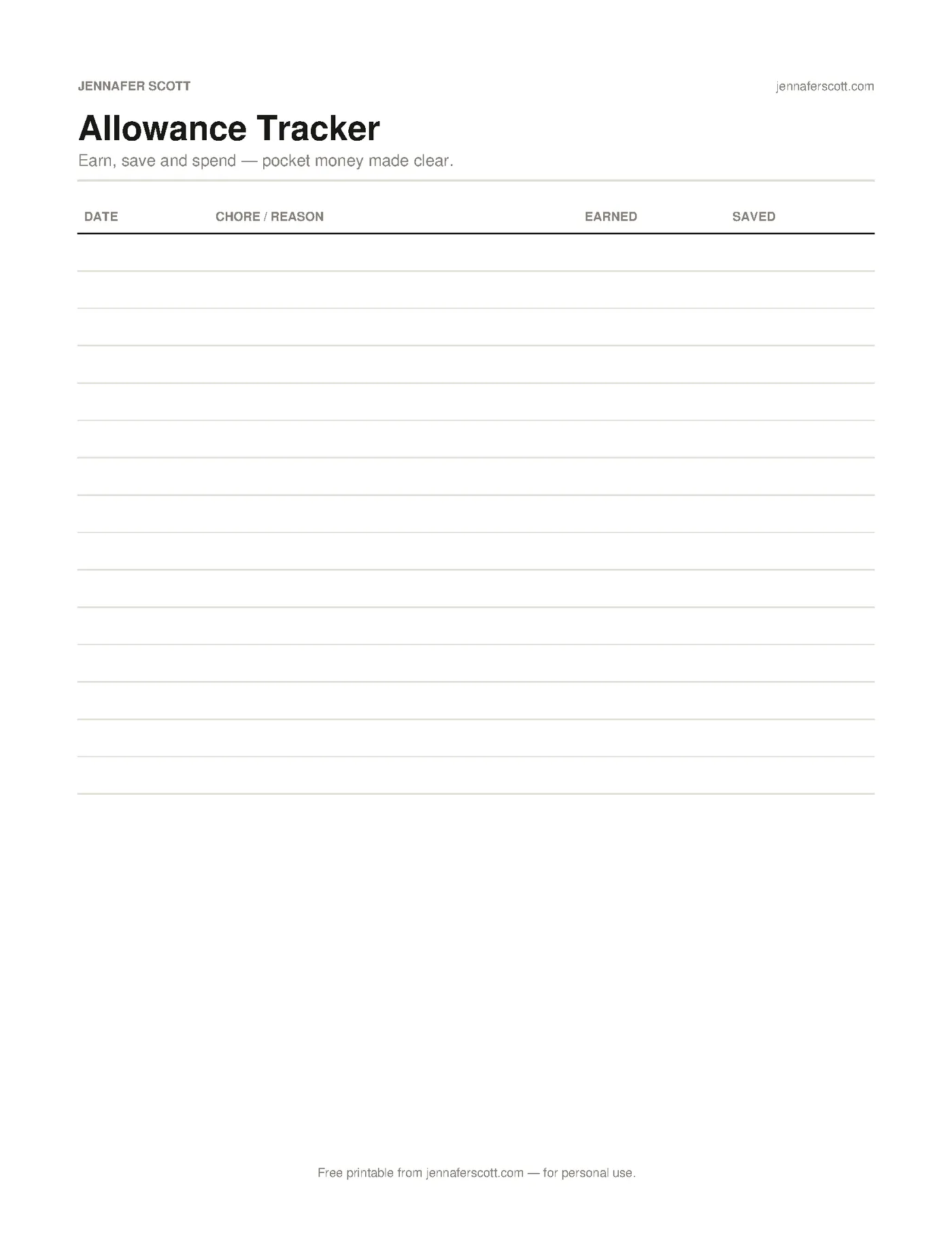 Free Printable Allowance Tracker — printable preview