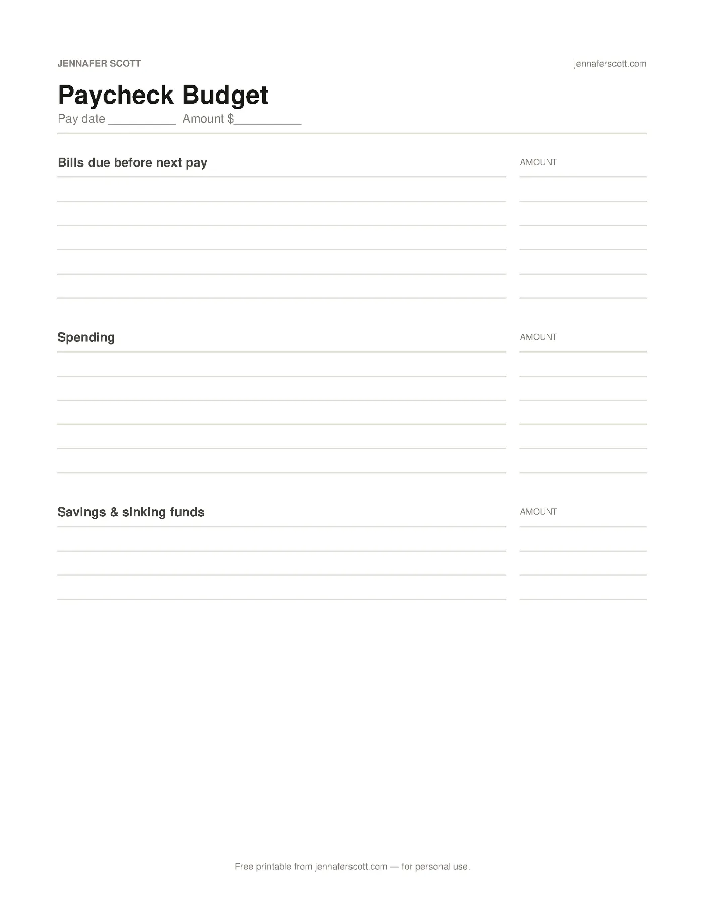 Free Printable Paycheck Budget — printable preview