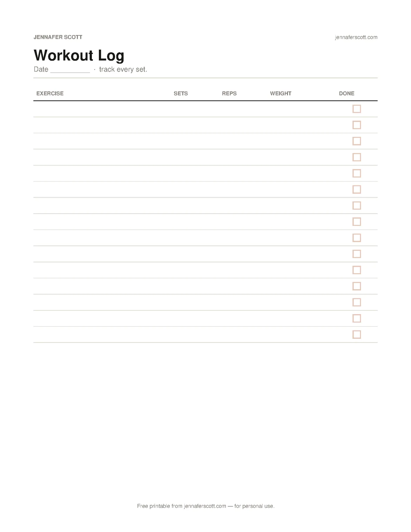 Free Printable Workout Log — printable preview